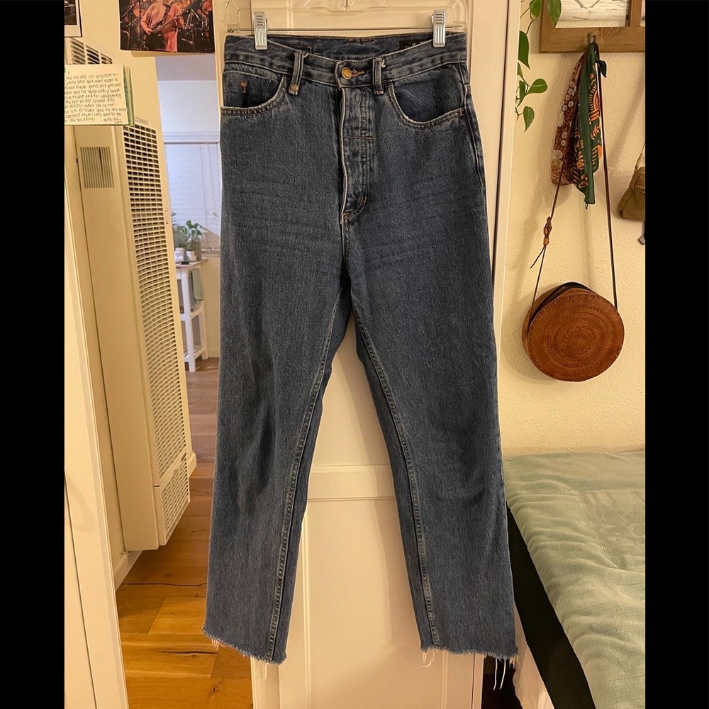 Thrills Co high waisted blue jeans.